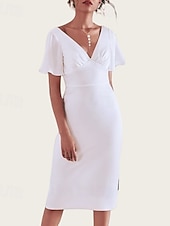 voordelige Kleine witte jurkjes-Verloving Kleine Afstudeerwitte Jurken Bruidsjurken Sheath  Kolom V-Hals Korte Mouwen Thee Lengte Chiffon Bruidsjurken Met Rimpeling Effen Kleur