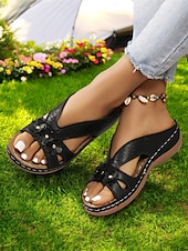 abordables Sandales Confort-sandales compensées élégantes à découpes florales pour femmes - chaussures d&#039;été confortables avec des fleurs décoratives, idéales pour un usage quotidien ou des fêtes de jardin
