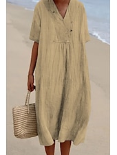 abordables Robes-Femmes Robe Midi Robes en coton et lin Robe en coton et lin Mode Classique Moderne Vacances Quotidien Fête Coupe régulière Uni Manche Courte Col en V Vert Claire Rose Claire Bleu Vert Été