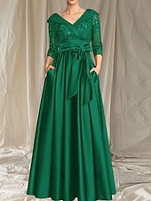 billiga Golvlängd-A-linjeformad Mor till Bruden Klänning Bröllop Gäst Elegant V-ringad Golvlängd Satin Spets 3/4 Längd Ärmar Med Spetsrosett Fickor