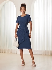 baratos Vestido Simples-Mulheres Vestido Em Camadas Vestido midi Chiffon Nó torcido Convidado do casamento Coquetel Elegante Formal Gola Redonda Manga Curta Borboleta Azul Escuro Cor