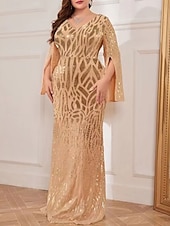 baratos AZUL-Vestido Plus Size Mãe da Noiva Vestido de Curvas Elegante Festa Decote em V Comprimento do Chão Spandex Manga Longa com Lantejoula 2025