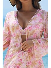 abordables Maillots de bain trois pièces-Femmes Maillots de Bain Trois Pièces Shorts Maillot de bain Tropical Tenues de plage Fleur Fil en V manche longue Maillots de bain