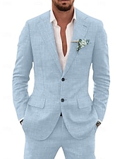 economico Abiti da sposa-Completi in lino per matrimoni degli uomini in azzurro cielo e beige 80% lino a tinta unita completi estivi taglio su misura 2 pezzi a due bottoni monopetto