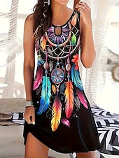 cheap Boho Dress-Women&#039;s Mini Dress A Line Dress Summer Dress Vacation Casual Daily Regular Fit Graphic Tribal Sleeveless Crew Neck Black Summer