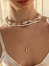 cheap Women&#039;s Necklace-Women&#039;s Boho Cowrie Shell Necklace Set – Layered Beach Jewelry with Gold Accents, Handmade Summer Surf Choker for Vacation, Festivals &amp; Casual Wear