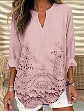 billige Blomstrete topper-Kvinners Bluse Tunika V-hals Langermet Boho Kule Topper 3D Print Grafisk Grunnleggende Vanlige Topper Daglig Knapper Print Rosa Lys Blå