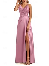 cheap Bridesmaid Dresses-A-Line Bridesmaid Dress V Neck / Spaghetti Strap Sleeveless Elegant Floor Length Satin with Split Front / Ruching