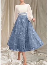 preiswerte Teelänge-A-Linie Brautmutterkleid Hochzeitsgast Elegant Rundhalsausschnitt Tee Länge Chiffon Spitze Lange Ärmeln mit Perlen Rüschen Midi Kleid 2025