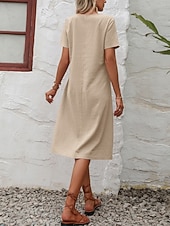 cheap Plain Dress-Women's Midi  Faux Cotton Linen  Dress A Line Dress Summer Dress Casual Daily Loose Fit Plain Short Sleeve Crew Neck Black Orange Army Green Apricot Summer