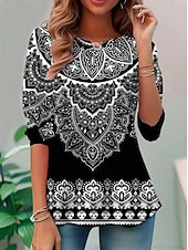 billige Boho t-skjorte-Dame T skjorte Blomstret Grafisk Fritid Langermet Crew-hals Vanlige topper Daglig Trykt mønster Hvit / Svart Svart Blå Oransje Brun Vår Høst