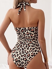 billige Onepiece badedrakter-Kvinne Badetøy Én Del Monokini Badedrakt Ryggløs Magekontroll Høy Midje Slank Ferie Strandklær Solid Farge Leopard Halter Hals Uten Erme Badedrakter