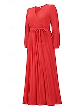 preiswerte abendkleider-Damen Langes Kleid Maxikleid Cocktailkleid Gerafftes Kleid Elegant Mode Geburtstag Teegesellschaft Ausgehen Normale Passform Einfach Langarm V Ausschnitt Schwarz Rote Grün Sommer