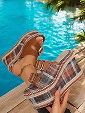 levne Sandály na dovolenou-dámské kostkované sandály na klínku na platformě – trendy páskové nazouvací boty s jutovými detaily pro letní dovolenou na pláži a neformální výlety