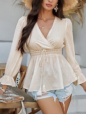 billige Kvinne Enkle Topper-Kvinners Bluse Boho Skjorte Enfarget Stilfull Avslappet Langermet V-Hals Vanlige Topper Daglig Lappverk Utskjæring Sort Hvit Blå Aprikos Sommer Vår