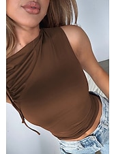 billige Bluser og skjorter-Dame Bluse عادي Fritid Ermeløs Crew-hals Vanlige topper Daglig Ferie Rynket Svart Hvit Gul Rød Brun Sommer