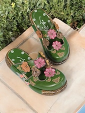 preiswerte Urlaubsandalen-Damen-Clogs aus geblümtem Leder – handgefertigte Slip-On-Pantoletten mit Keilabsatz und Cut-out-Design im Bohème-Stil für Freizeitkleidung und Komfort im Freien
