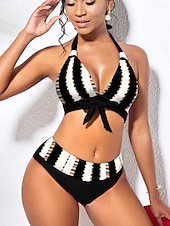 preiswerte Bikini-Sets-Damen Badeanzug Bikini Tankini Zweiteilig Monokini Freche Unterhose Bademode Tiefes V Push-Up Gestrickt Urlaub Tropisch Grafik Farbblock Stürzen Ärmellos Badeanzüge