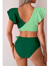 preiswerte Bikini-Sets-Damen Badeanzug Bikini Bademode Hoch tailliert Tropisch Strandbekleidung Farbblock V-förmiger Draht-Ausschnitt Ärmellos Badeanzüge
