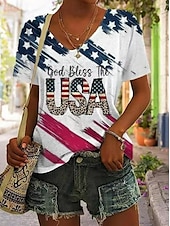 ieftine Ziua Independenței Top-Bluză patriotică pentru Ziua Independenței Femei Patriot Veteran Tricou de 4 Iulie Steag Casual Roșu Alb și Albastru Mâneci scurte Gât în V Topuri regulate Zilnic Print albastru Vară Primăvară
