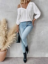 preiswerte Damen Einfache Oberteile-Damen Hemd Einfarbig Stilvoll Lässig Langarm Hemdkragen Normale Oberteile Täglich Knöpfe Tasche Schwarz Weiß Grün Aprikose Sommer