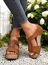 abordables Sandalias de cuña-Sandalias de cuña con remaches para mujer: zapatos de plataforma de corcho con punta abierta y cierre de cremallera para uso informal y de verano