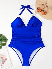 billige Onepiece badedrakter-Kvinne Badetøy Én Del Monokini Badedrakt Ryggløs Magekontroll Høy Midje Slank Ferie Strandklær Solid Farge Leopard Halter Hals Uten Erme Badedrakter