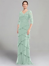 baratos Comprimento do chão-Vestido Sheath Mãe da Noiva Vestido Elegante Decote em V Comprimento do Chão Chiffon Stretch Mangas Médias com Renda Camadas em Cor Sólida