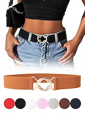 baratos Cinto Feminino-cinto elástico ajustável feminino com fivela de metal da moda - moderno e versátil - adequado para uso diário feminino e passeios casuais