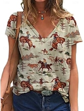 abordables Chemises et blouses-Femmes Hauts d&#039;été Graphique Tribal Mode Western Occasionnel Manche Courte Col en V Hauts Réguliers Quotidien Sortir Week-end Patchwork Imprimé Rose Claire Rouge Gris Clair Été Printemps