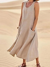 abordables Robes-Femmes Robe Midi Robes en coton et lin Robe en coton et lin Mode Classique Vacances Sortir Week-end Coupe régulière Uni Sans manches Col ras du cou Blanche Rose Claire Orange Kaki Été