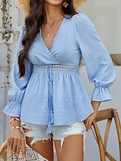 billige Kvinne Enkle Topper-Kvinners Bluse Boho Skjorte Enfarget Stilfull Avslappet Langermet V-Hals Vanlige Topper Daglig Lappverk Utskjæring Sort Hvit Blå Aprikos Sommer Vår