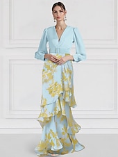 preiswerte GRÜN-A-Linie Abendkleid Elegantes Kleid Formelle Hochzeit Bodenlänge Langarm V-Ausschnitt Chiffon mit Floral Print Hochzeitsgastkleid