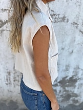 baratos Camisas-Camisola Feminina de Linho e Algodão Top Sem Mangas Cor Sólida Básica Casual Manga Curta Gola Redonda Ajuste Regular Diária Botões Bolsos Branco Azul Marinho Damasco Azul Claro Verão