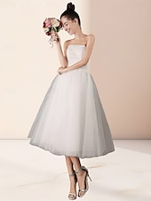 economico Abiti bianchi-Piccoli Abiti Bianchi per Fidanzamento Abiti da Sposa A-Line Scollo a Cuore Senza Spalline Lunghezza Te Satinati Abiti da Sposa con Pieghe Colore Solido