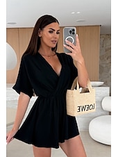 billige uformelle jumpsuits-Dame Sparkedrakter Fritid Helfarge Halvlange ermer T-skjorte V-hals Elastisk midje Høy Midje Daglig Normal Svart Hvit Rosa Sommer