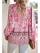 billige Blomstrete topper-Dame Skjorte Bluse Blomsternål i krystall Daglig Stilfull Fritid Langermet V-hals Vanlige topper Daglig Ferie Trykt mønster Rosa Navyblå Blå Aprikos Vår