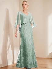 abordables Longueur du plancher-robe trapèze robe mère de la mariée élégante scintillante&amp;amp;Robe longue en mousseline de soie à col en V et manches courtes avec paillettes en dentelle 2025