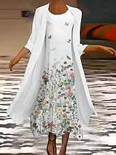 abordables Robe Fleurie-Ensemble de robe pour femmes robe maxi robe d&#039;été vacances décontracté imprimé floral ombragé manches 3/4 col rond invitée de mariage blanc bleu ciel été printemps coupe régulière