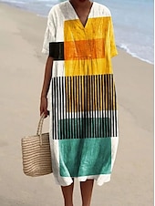 abordables Robes Rayés et Géométriques-Robe midi féminine robe d&#039;été robe en A lin vacances décontractée plage sortie coupe ample graphique géométrique à manches courtes col en V blanc rose rouge khaki été