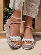 economico Infradito da Vacanza-sandali con zeppa bohémien da donna – sandali con plateau espadrillas con cinturini intrecciati e cinturino alla caviglia per la spiaggia estiva e l&#039;abbigliamento casual
