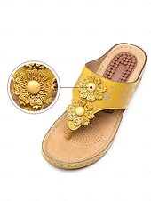 tanie Wygodne sandały-damskie sandały na koturnie z wkładką masującą – kwiatowe, boho japonki na co dzień, na lato, na plażę i na zewnątrz