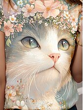billige Dyrene tee-Dame T skjorte Blomstret Grafisk Dyr Stilfull Fritid Kortermet Rund hals Vanlige topper Daglig Helg Trykt mønster Lyseblå Sommer Vår