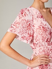 abordables Robes décontractées-Robe longue décontractée pour femme, tenue de soirée, col en V, manches courtes, coupe trapèze, imprimé floral, volants superposés, tenue de tous les jours, jupe gâteau, taille ajustée, robe longue