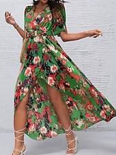 preiswerte Blumenkleider-Damen Midikleid Corsagenkleider A Linie Kleid Figurbetontes Kleid Urlaub Ausgestellter Ärmel Urlaub Täglich Strand Regular Fit Graphic Kurzarm V Ausschnitt Blau Grün Sommer