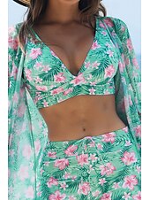 abordables Maillots de bain trois pièces-Femmes Maillots de Bain Trois Pièces Shorts Maillot de bain Tropical Tenues de plage Fleur Fil en V manche longue Maillots de bain