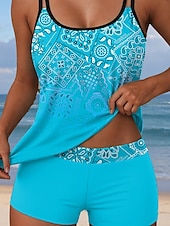 billiga Tankinis-Kvinnors Baddräkter Tankini 2 Delad Shorts Baddräkt Rygglös Semester Strand Kläder Ombre Grafisk U-Hals Ärmlös Badkläder