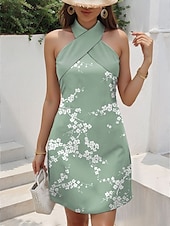 preiswerte Blumenkleider-Damen Minikleid Sommerkleid A Linie Kleid Urlaub Lässig Outdoor Ausgehen Normale Passform Blumen Grafik Ärmellos V Ausschnitt Rosa Blau Grün Sommer