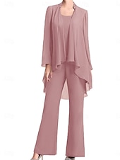 economico Sotto 129,99 $-Pantaloni Abito Madre della Sposa Ospite Matrimonio Elegante Semplice Collo Gioiello Lunghezza del Pavimento Chiffon Manica Lunga con Colore Solido