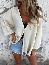 preiswerte Hemden-Damen Hemd Leinen-inspirierte Hemden Knopfleiste Bluse Einfach Basic Modern Langarm V Ausschnitt Normale Oberteile Täglich Ferien Knöpfe Schwarz Orange Braun Grün Beige Sommer